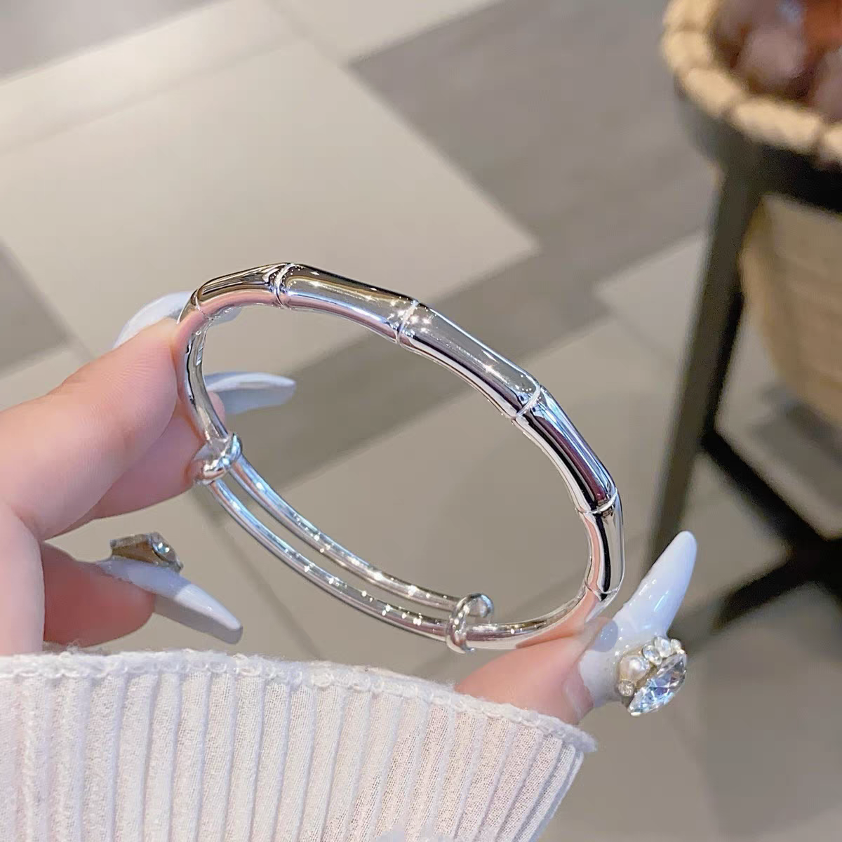 足银手镯 镯子足银节节高升可调节竹节光面手镯实心时尚纯银素圈