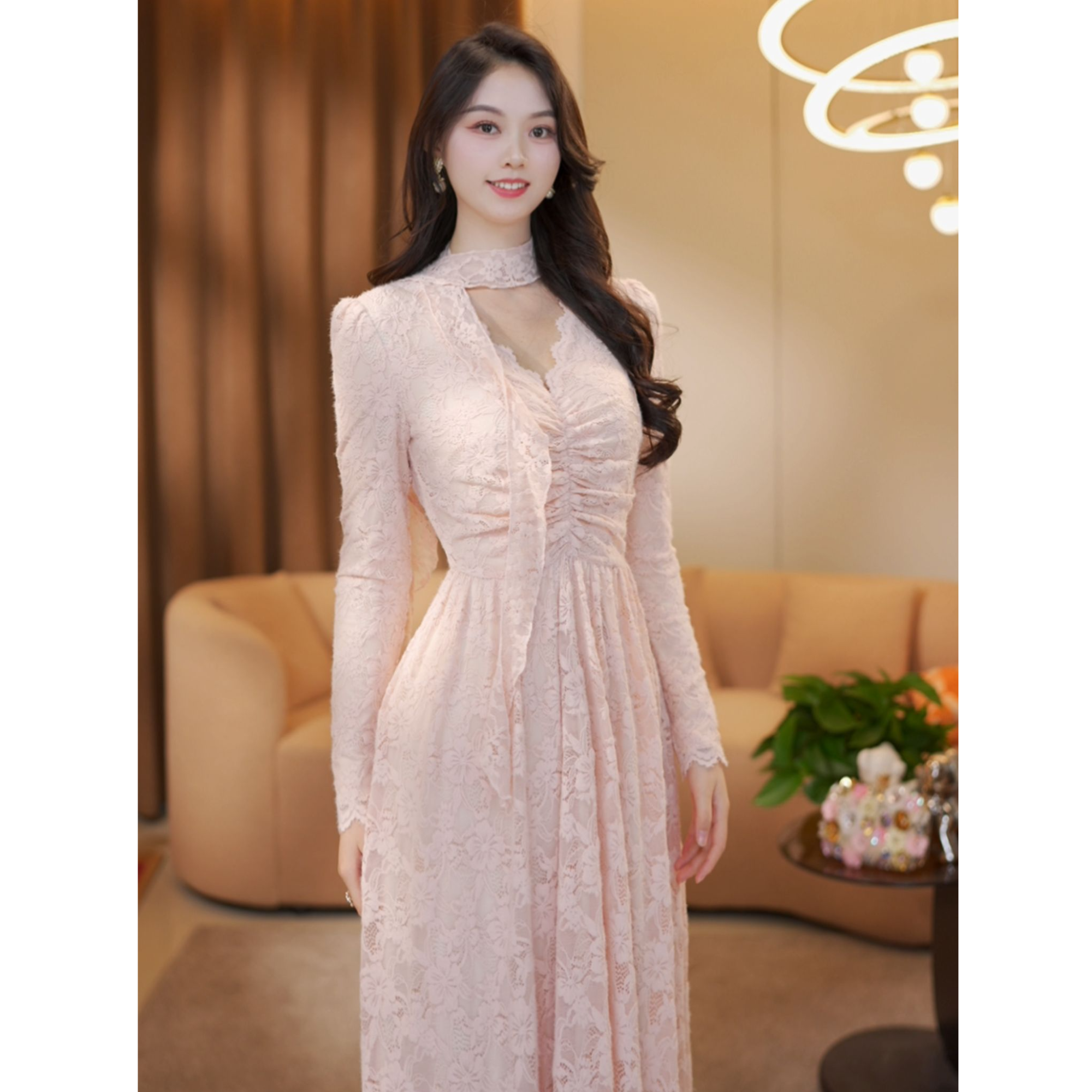 七七-【万般美】春秋法式高腰长裙温柔风修身气质款连衣裙-LQ139