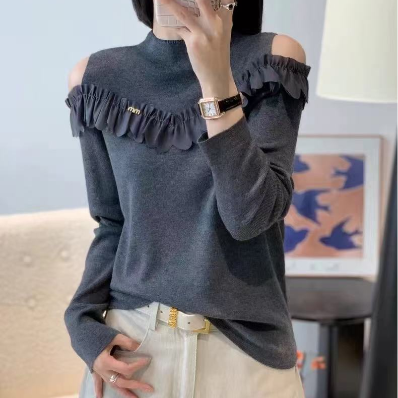  [ W i F i ] 6878法式花边拼半高领独特露肩洋气羊毛针织衫