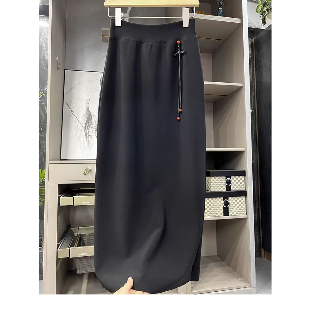 新款高弹力旗袍款中式流苏结高腰后开叉半身裙