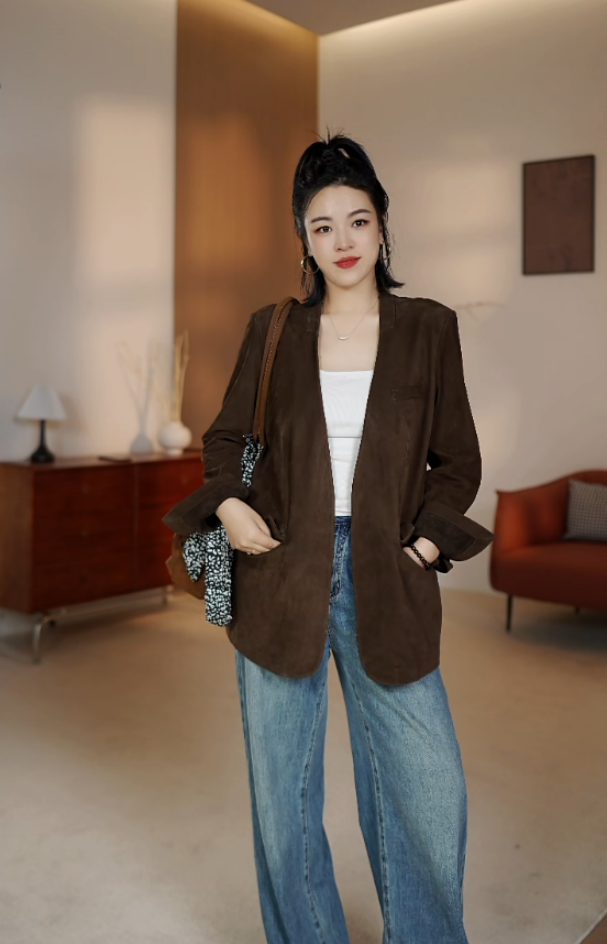 2025兮凹【棕调咖啡】进口新西兰牛皮顶奢正绒美拉德气质秋季中长款
