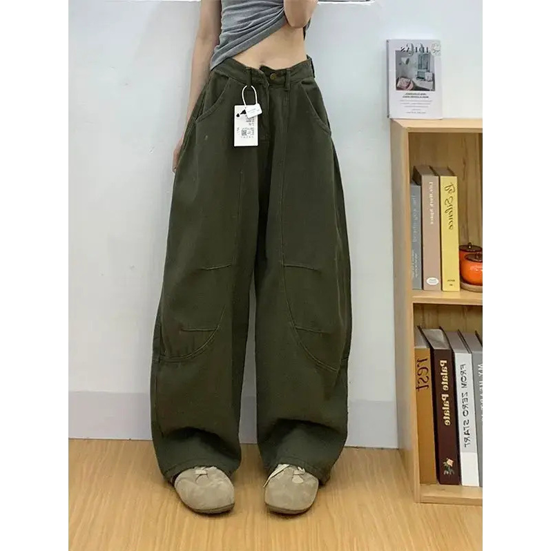 美式弯刀阔腿牛仔裤女小个子新款军绿色宽松懒惰风高腰显瘦拖地裤