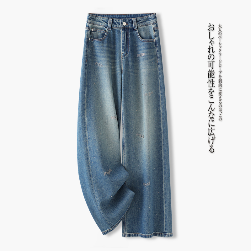 烫钻直筒牛仔裤女2025年春秋新款高腰阔腿长裤蓝色显瘦棉聚酯纤维