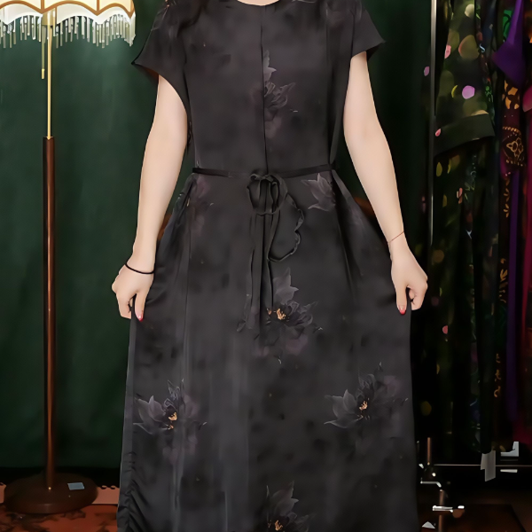 黑莲花重锻油皮老料2025新款气质中长款休闲显瘦新中式设计师印花