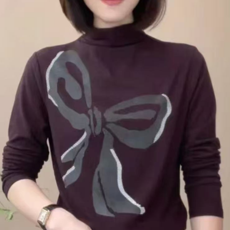 蝴蝶结洋气印花高领冬季保暖打底小衫