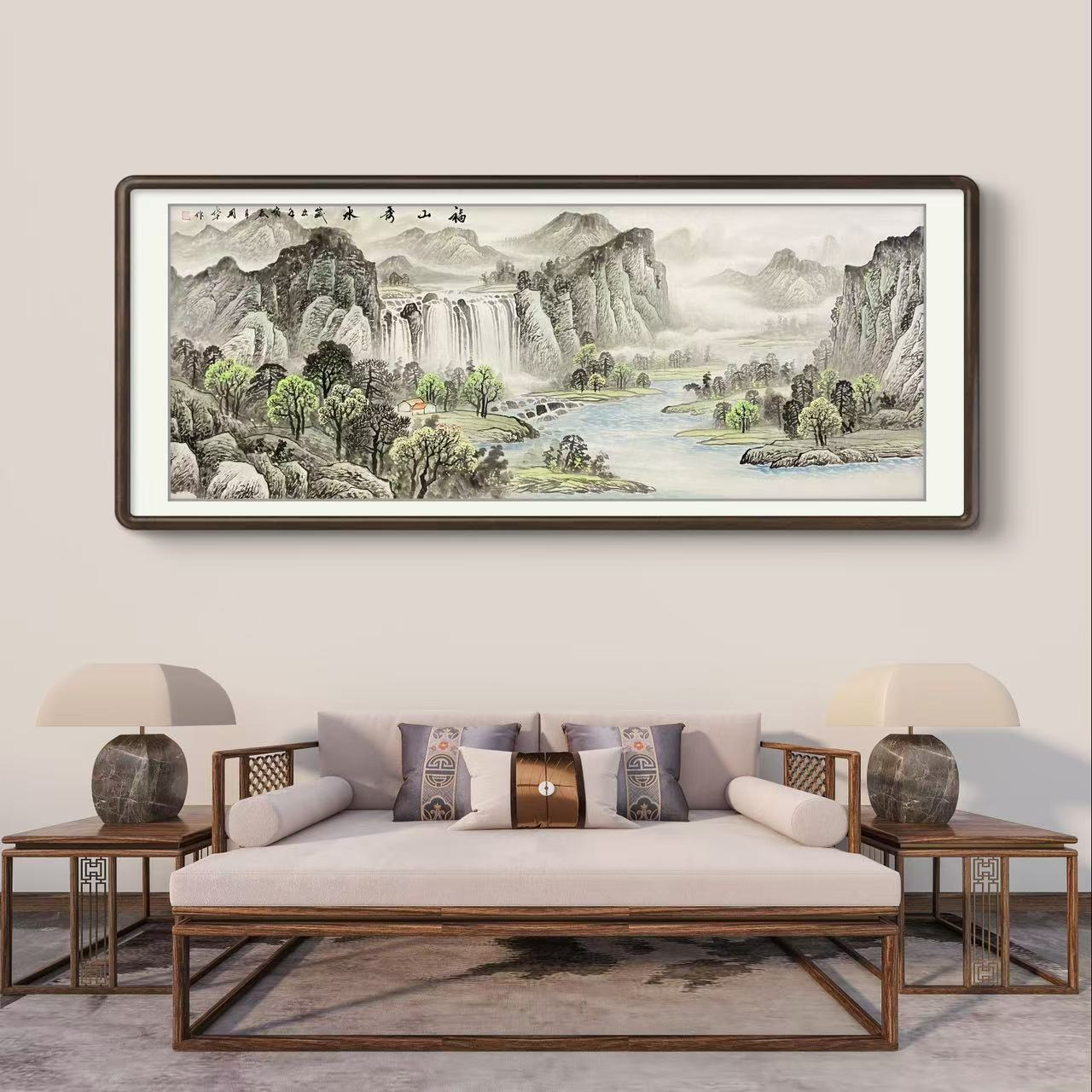《福山秀水》纯手绘六尺横幅客厅背景茶室办公室山水国画挂画作品