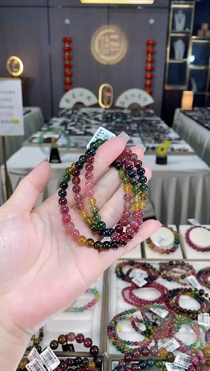 未镶嵌冰透体老矿碧玺彩虹三圈手串6mm+碧玺hon多样性发一条