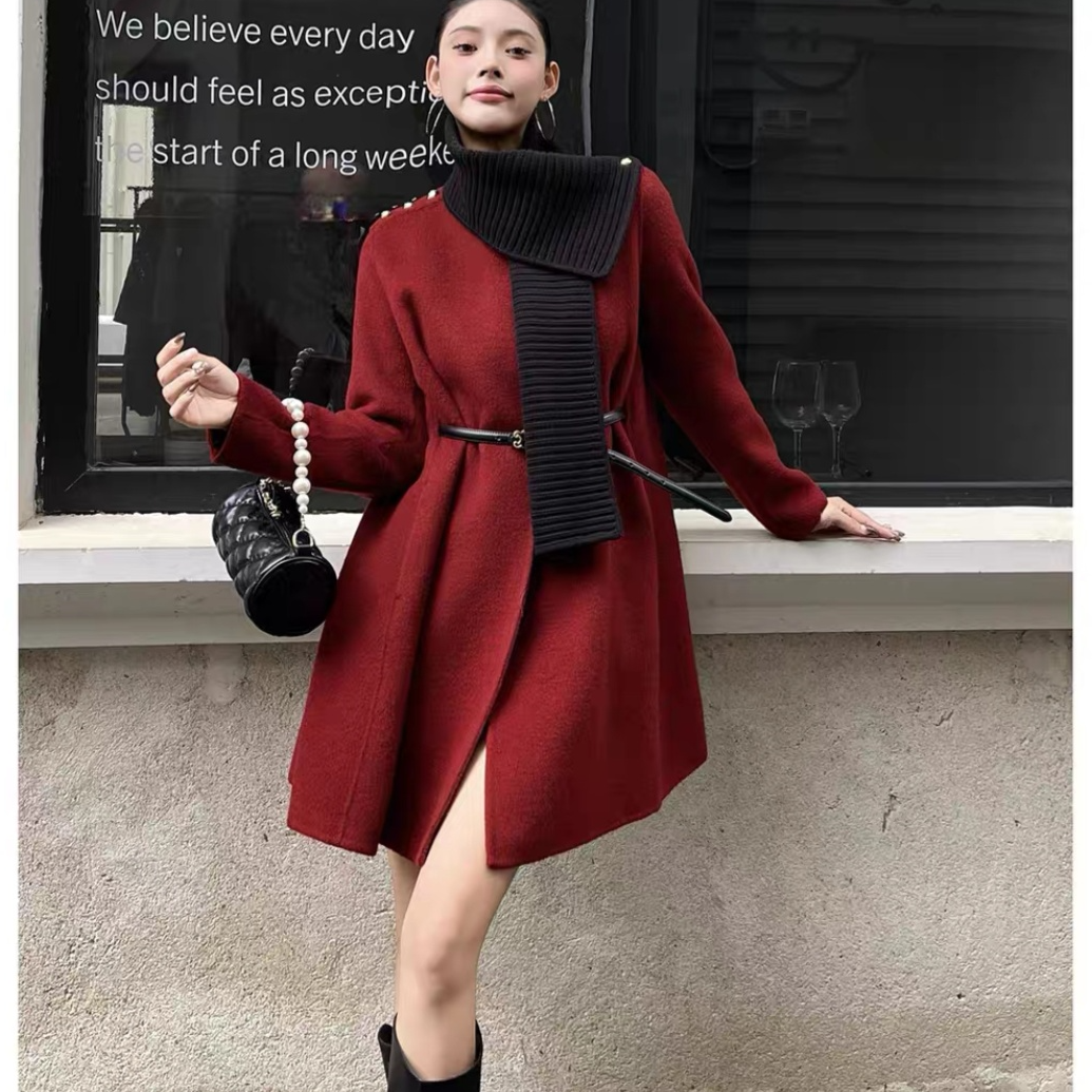 秋冬新款双面呢大衣中长款系带显瘦气质通勤针织围巾领双面外套
