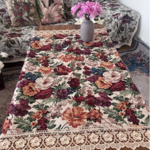 ZN102-33棉麻交织布【100*100】米白色百花齐放水溶边桌布茶几布