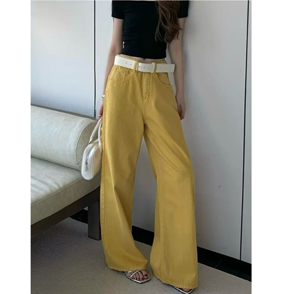 姜黄色简约时尚阔腿牛仔裤女2025夏季新款高腰宽松拖地裤子9970#