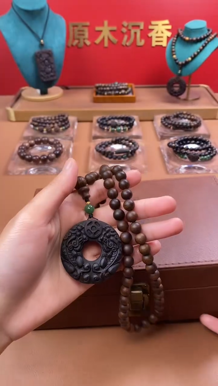 【闪购商品】沉香手串沉水紫棋08三圈+白棋沉香木雕貔貅环