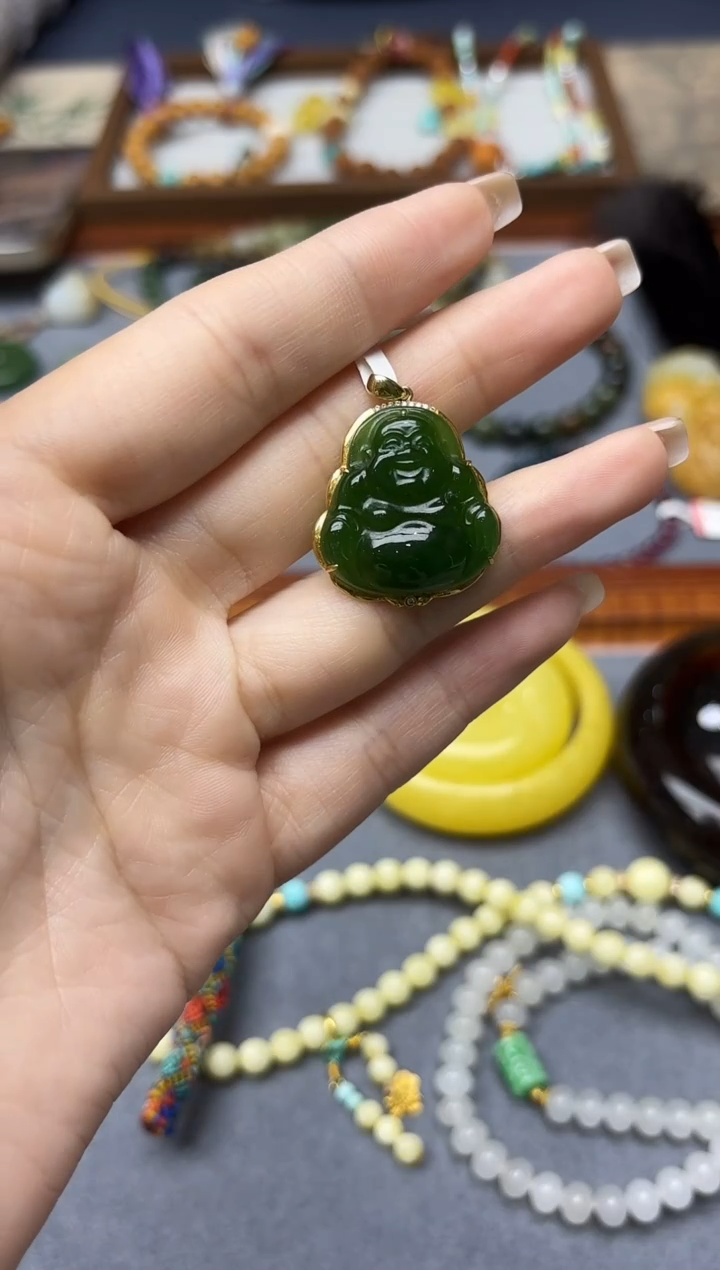 颈饰18K金镶嵌和田玉18K金和田玉佛公吊坠XE赠链