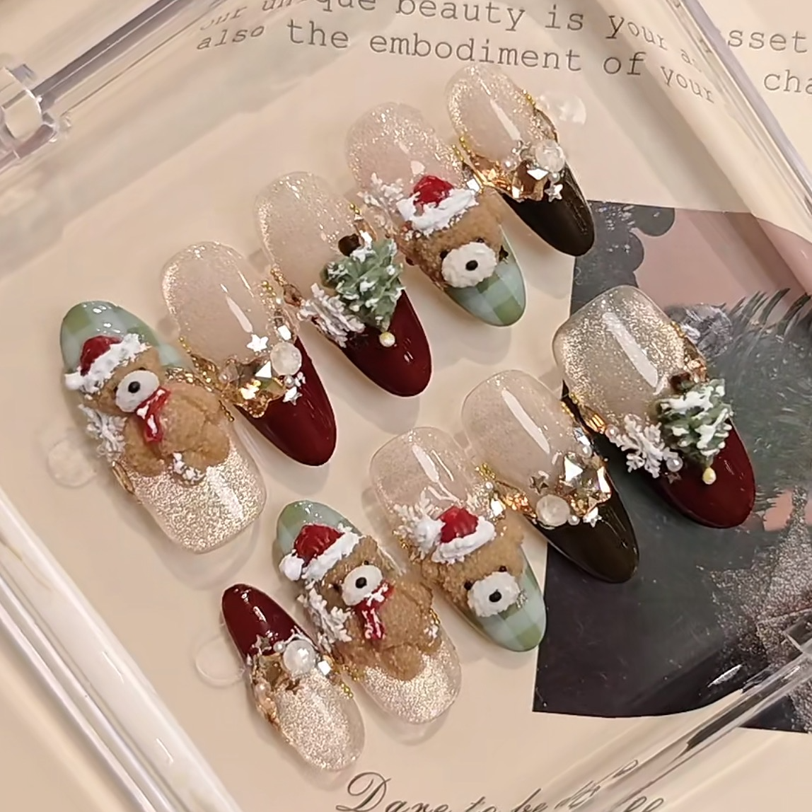 【童话泰迪熊】2025圣诞节短中长款纯手工穿戴甲手绘秋冬显白美甲新