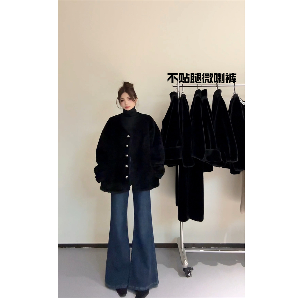 NN CHIC.2512 本布腰带加绒牛仔喇叭裤 