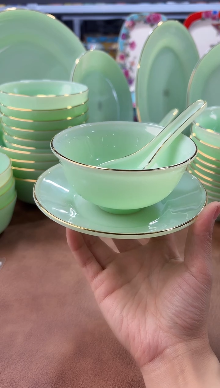 玉瓷三件套碟碗勺6套      