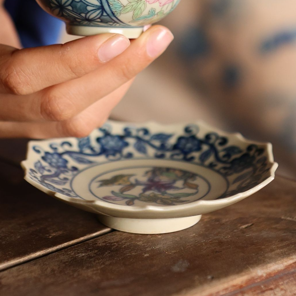 景德镇纯手工手绘青花百合杯垫茶道零配杯托