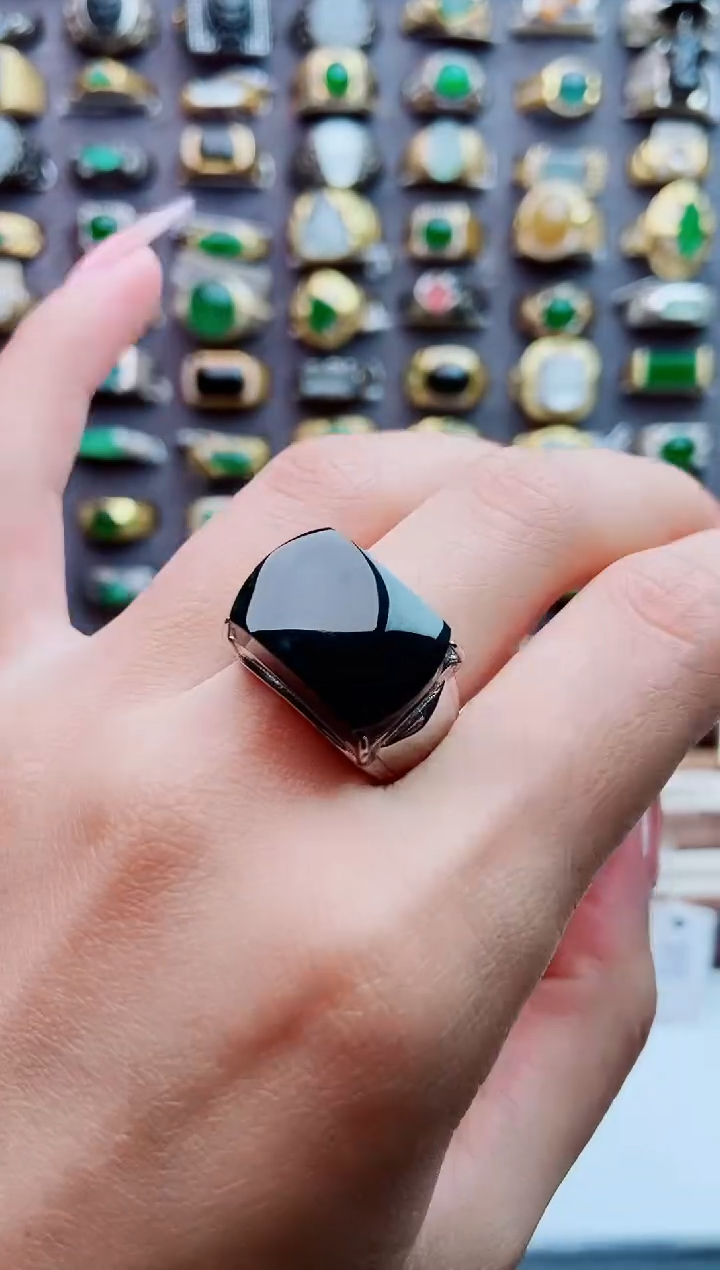 银S925镶嵌戒指翡翠天然翡翠男戒