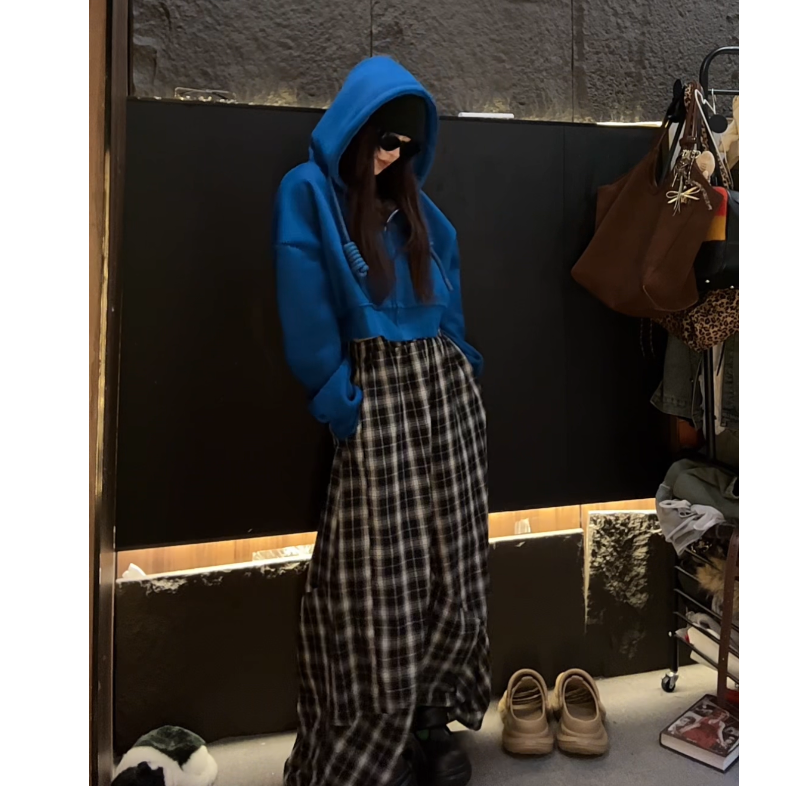 春秋新款oversize短款连帽潮牌休闲克莱因蓝印花卫衣外套