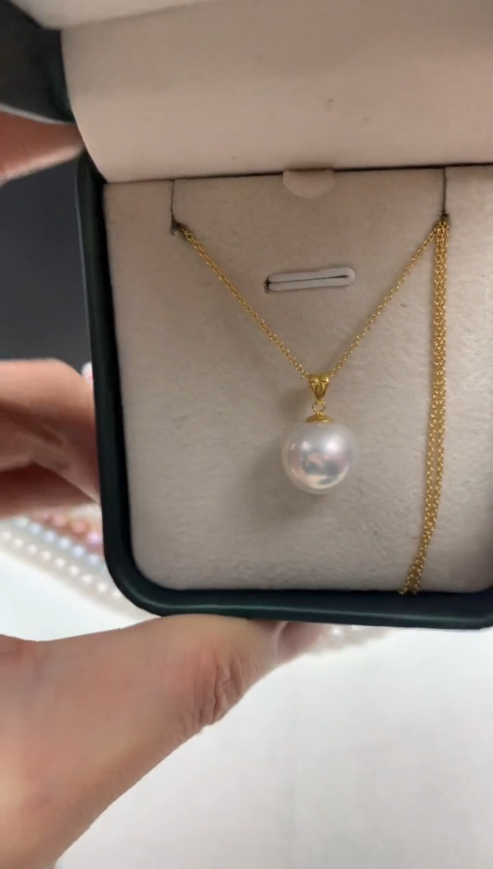 18K金镶嵌ff淡水珍珠白珠吊坠(赠链）11~12mm