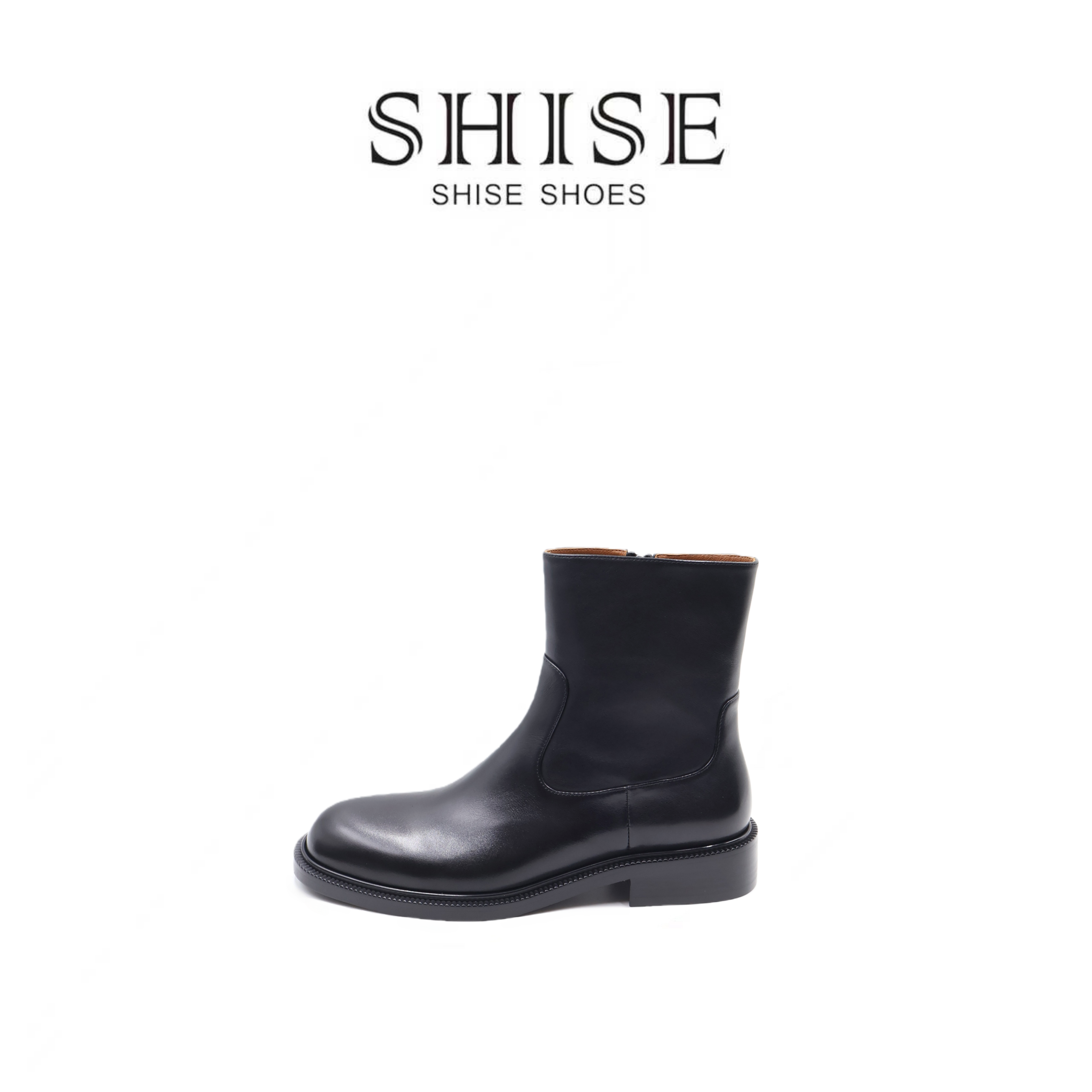 SHISE/牛皮矮筒加绒切尔西靴女真皮短靴子厚底烟筒靴时装靴