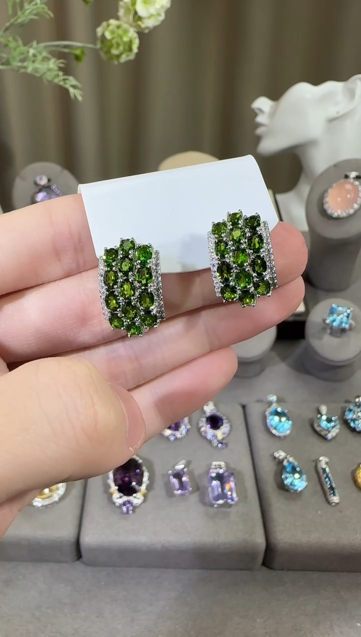 银S925镶嵌透辉石耳扣12mm耳扣高级款