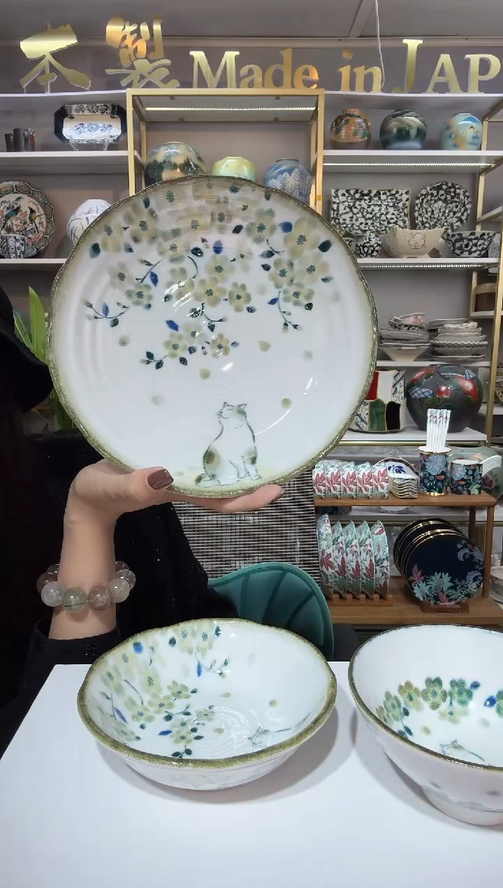 陶瓷花见猫深盘22cm一支