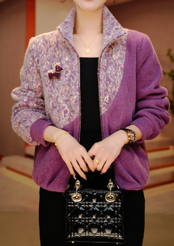 紫纹双拼-新款双面穿加绒印花气质上衣外套百搭显瘦时尚