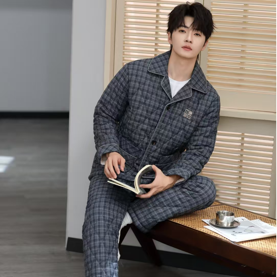 【0328思-菱形格】冬季男士睡衣加绒休闲保暖家居服不厚重时尚运动