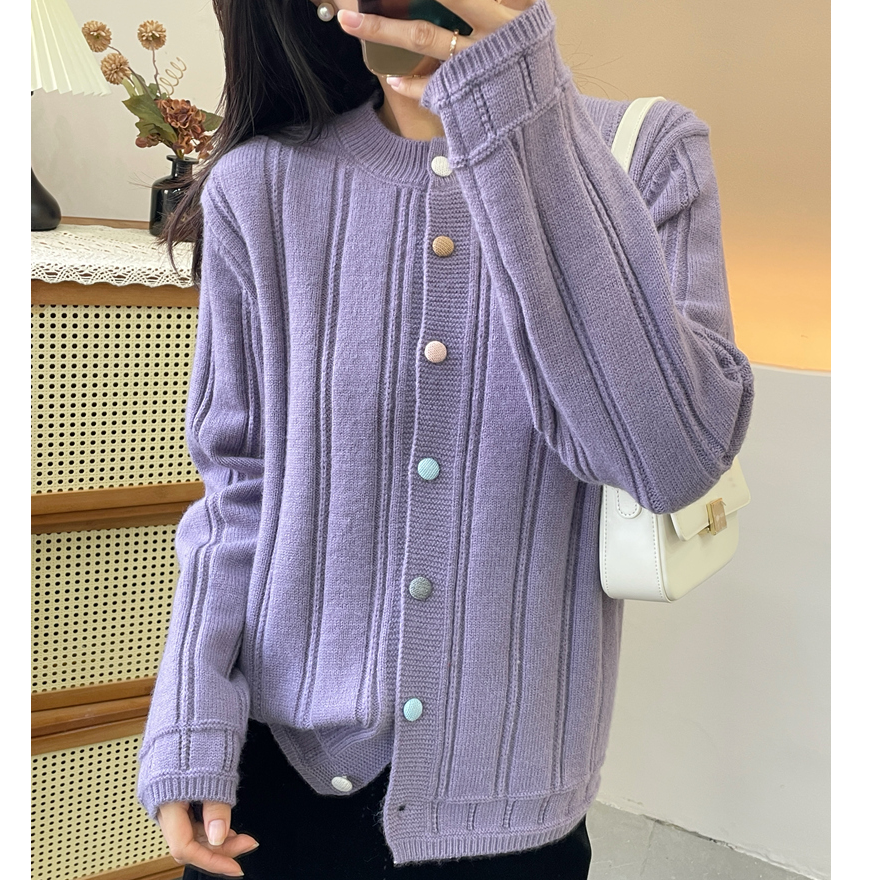 法式小香风彩色包扣圆领坑条针织开衫女宽松长袖针织衫气质外套