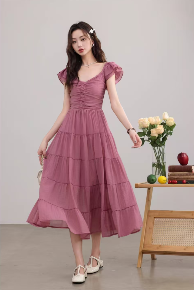 复古温柔风v领a字裙女2025夏季新款小飞袖连衣裙18549【5】