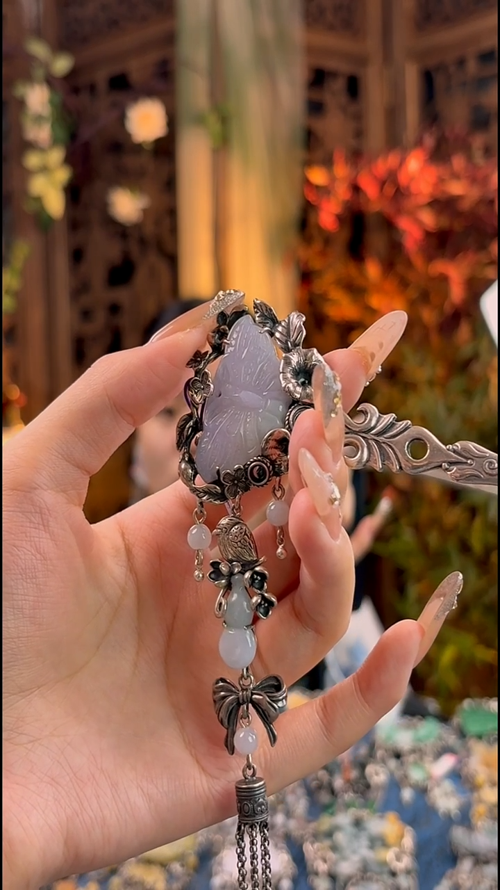 银S925镶嵌挂件翡翠发簪