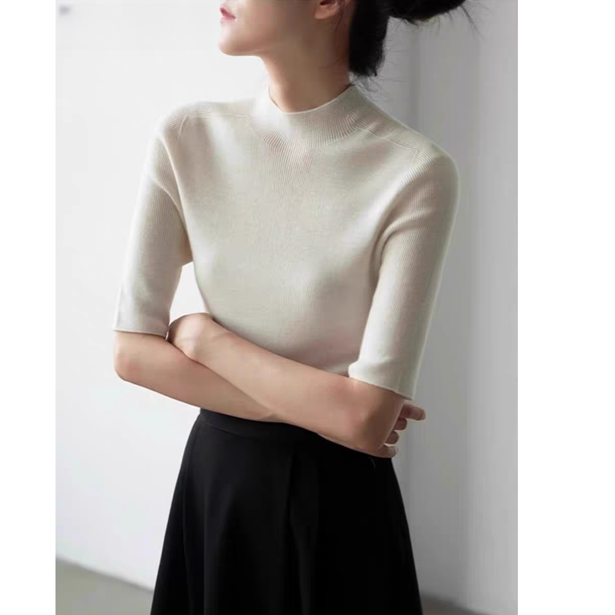 半高领针织短袖T恤女2025秋季新款修身显瘦五分袖内搭打底衫上衣