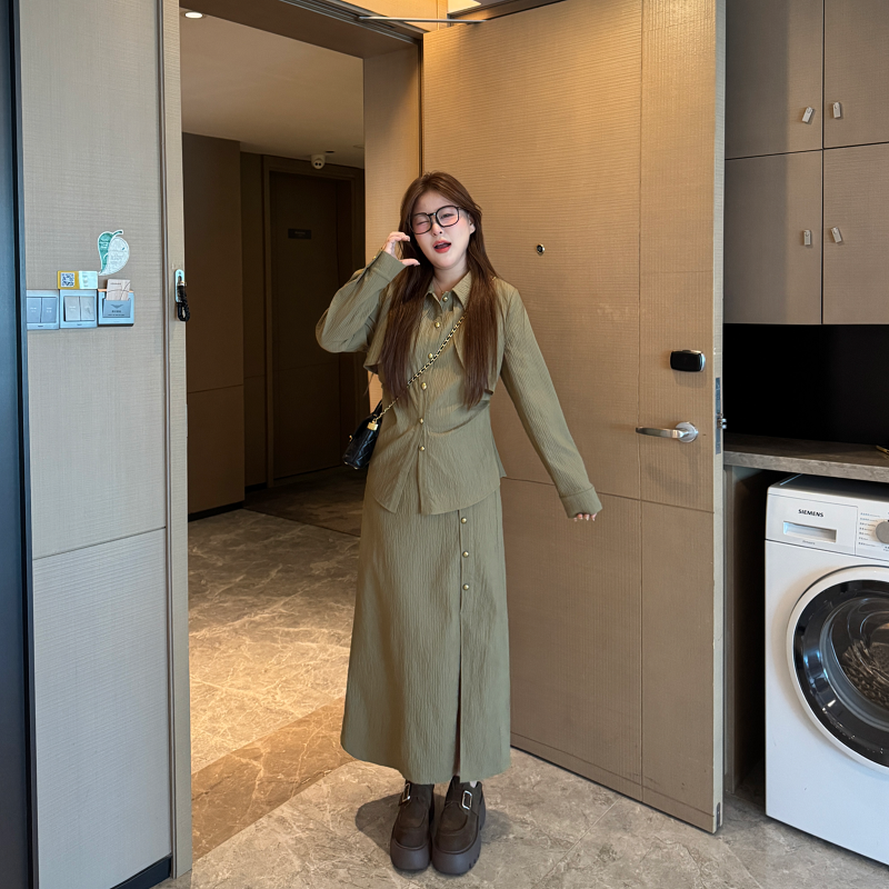 盈盈&南岛风大码女装胖mm树皮皱休闲风衬衫秋季半身裙套装ZYY2189