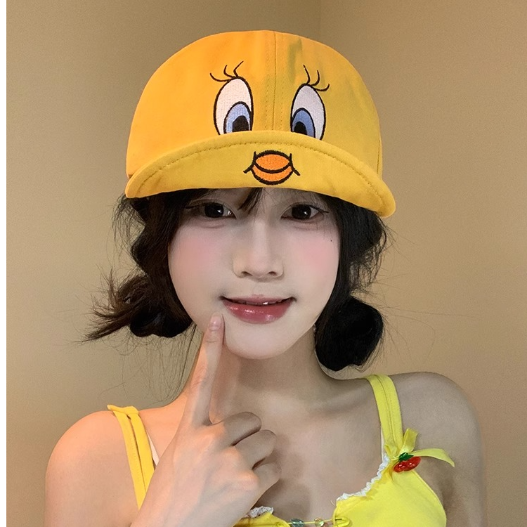 韩国崔弟翠儿翻檐鸭舌帽子女夏可爱刺绣小黄鸭显脸小大头围棒球帽
