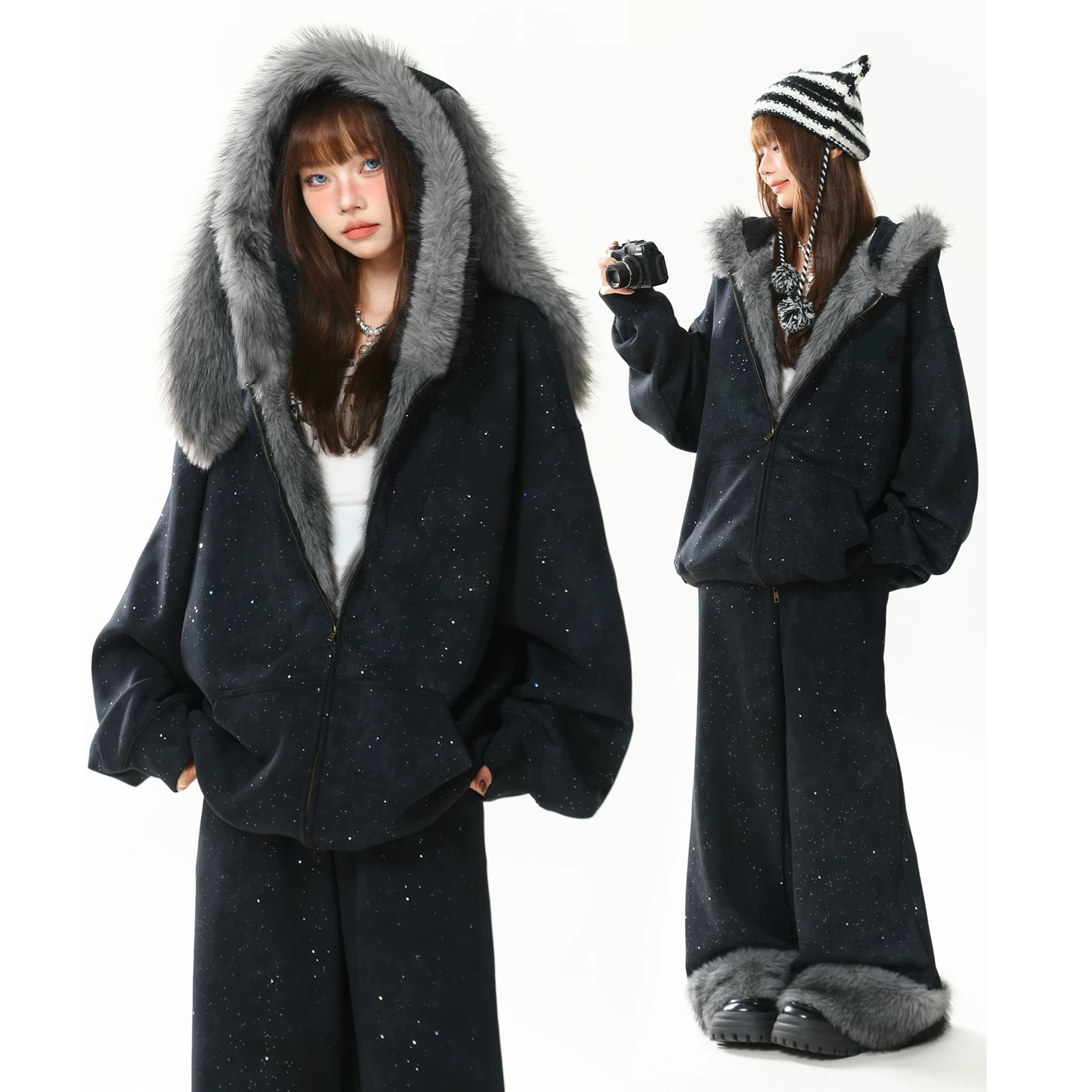 【纯棉+运补】满天星毛绒兔耳连帽卫衣加绒冬宽松慵懒chic上衣