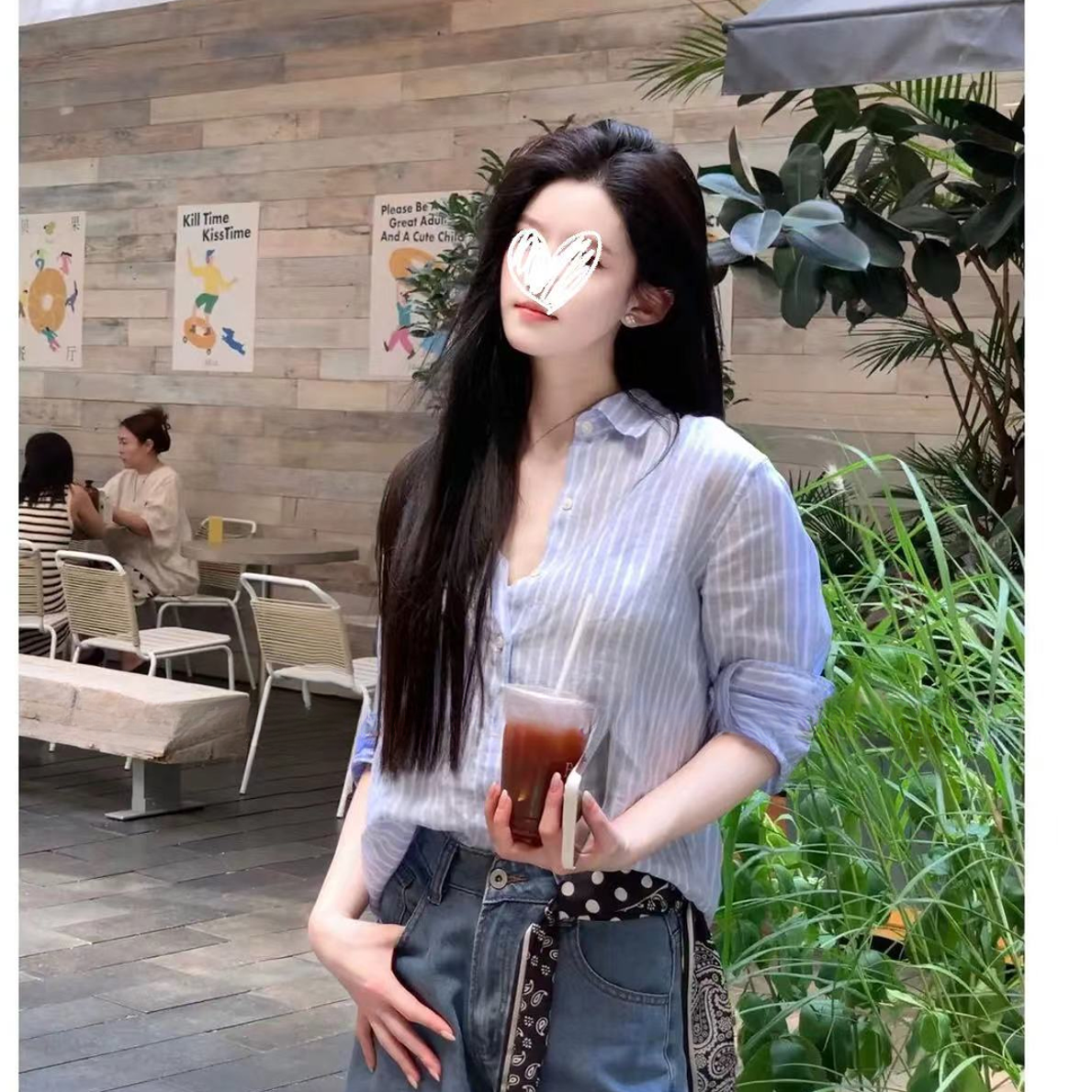 蓝色条纹衬衫女高端时尚上衣新款休闲清纯风气质薄款