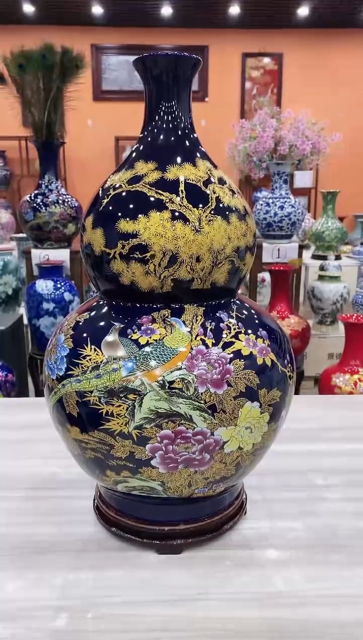 摆件300件宝蓝松针葫芦+证书+旋转底座