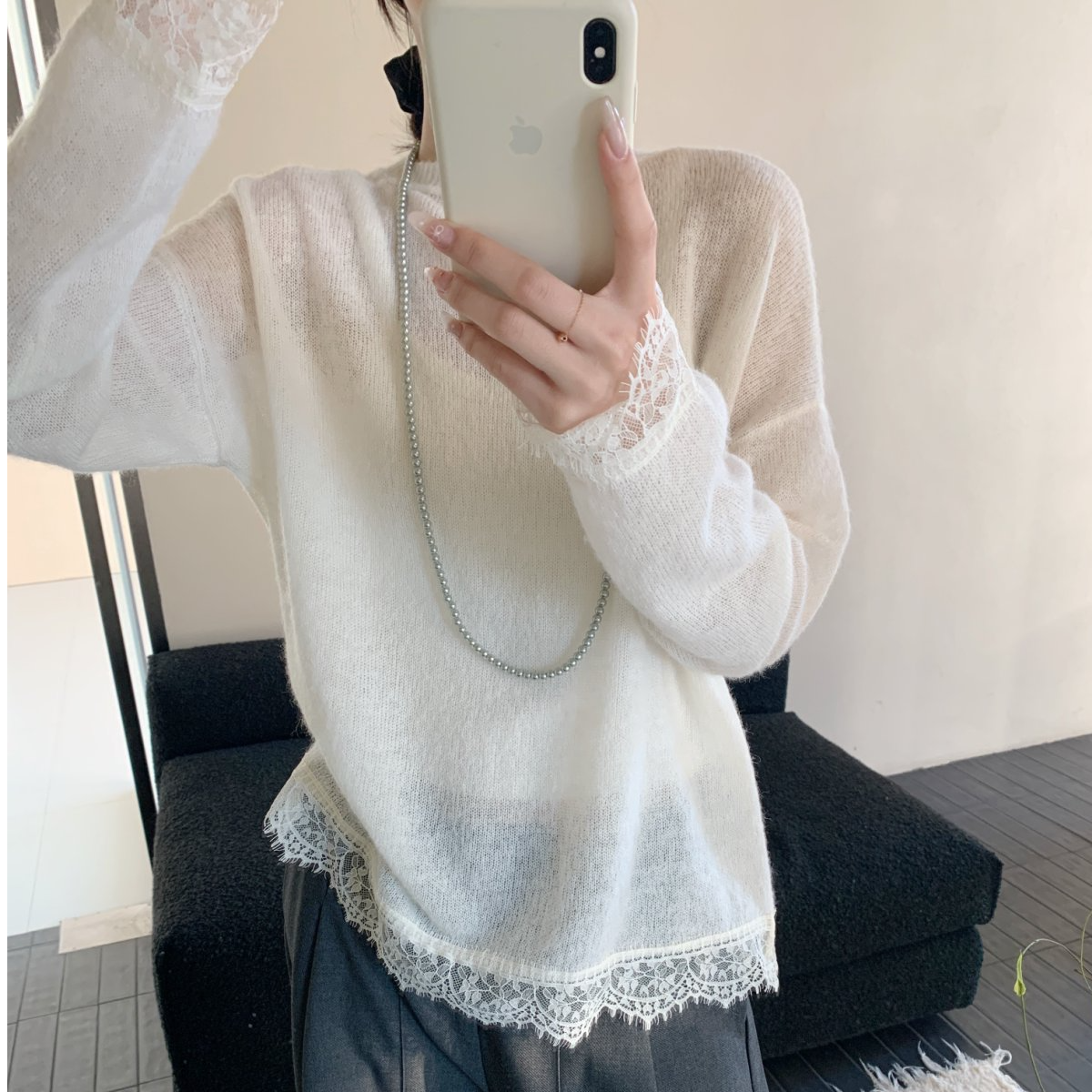 【素简.960160】春款上新丝光马海毛花边蕾丝袖绵羊毛混纺针织衫