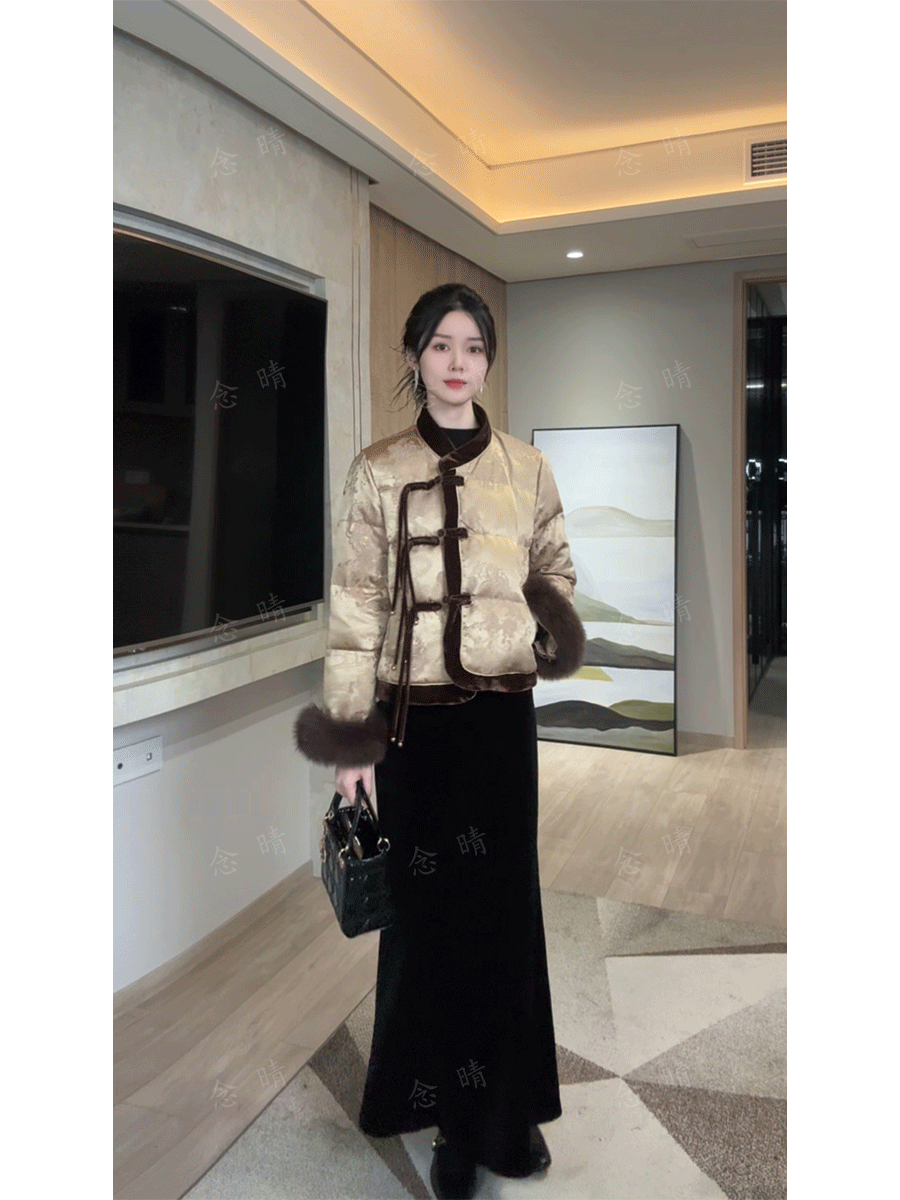 新中式国风流苏盘扣袖口狐狸毛90白鸭绒女士羽绒服外套T