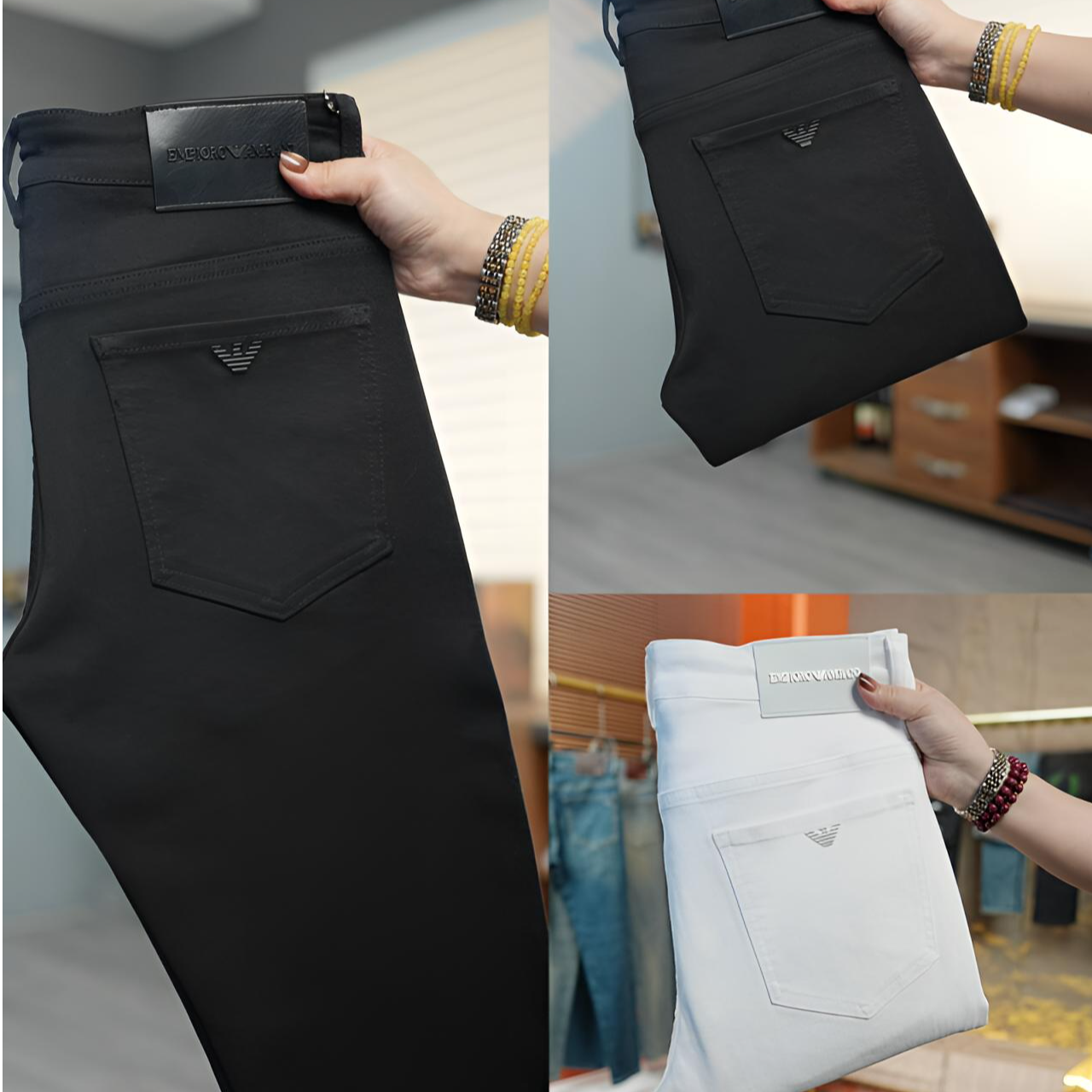 秋冬款双色小鸟黑标抓绒九分潮流高端男士轻奢修身小直筒牛仔裤