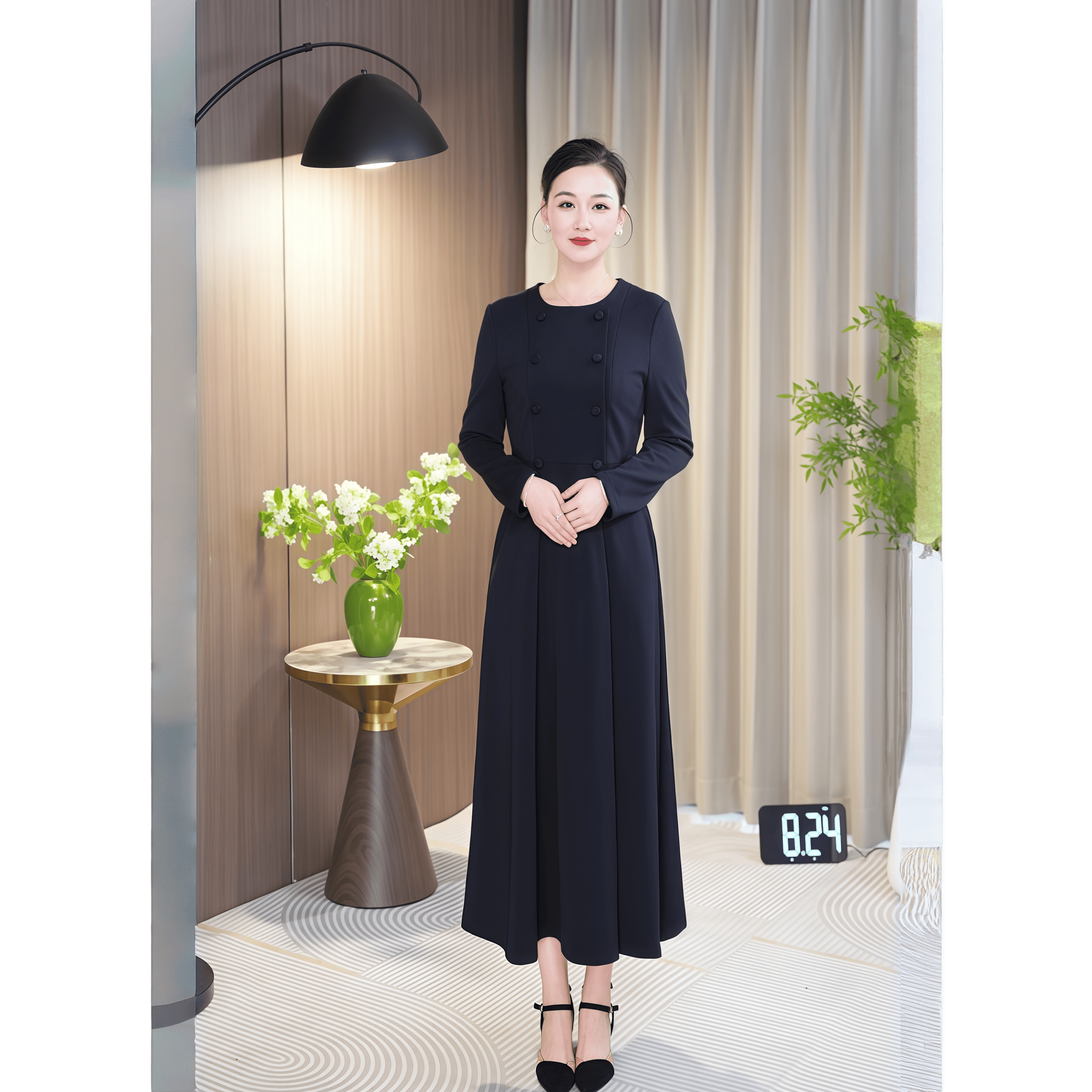 藏蓝色秋季新款显瘦气质轻奢时尚修身优雅打底女士长款收腰连衣裙