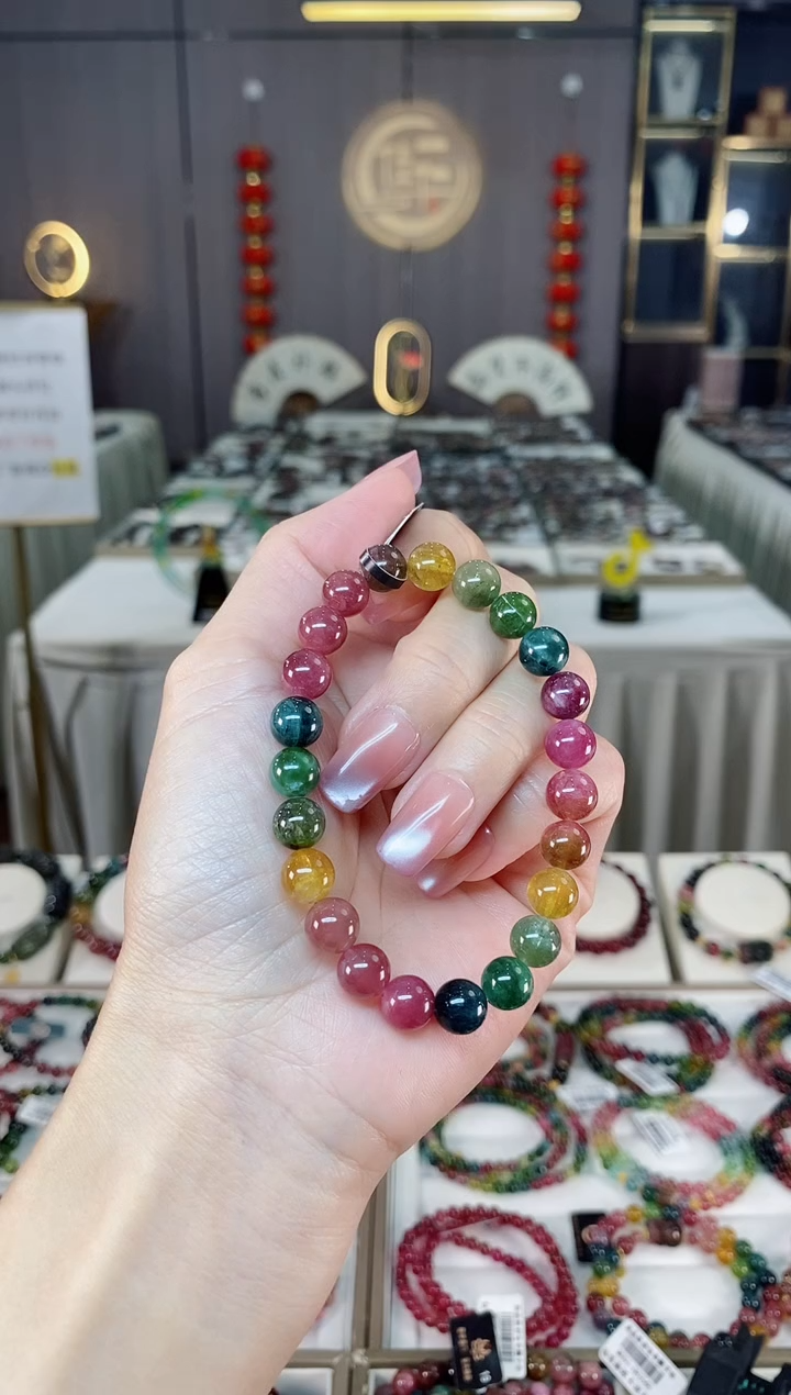 未镶嵌老矿彩虹碧玺单圈手串8mm+碧玺hon多样性发货一条
