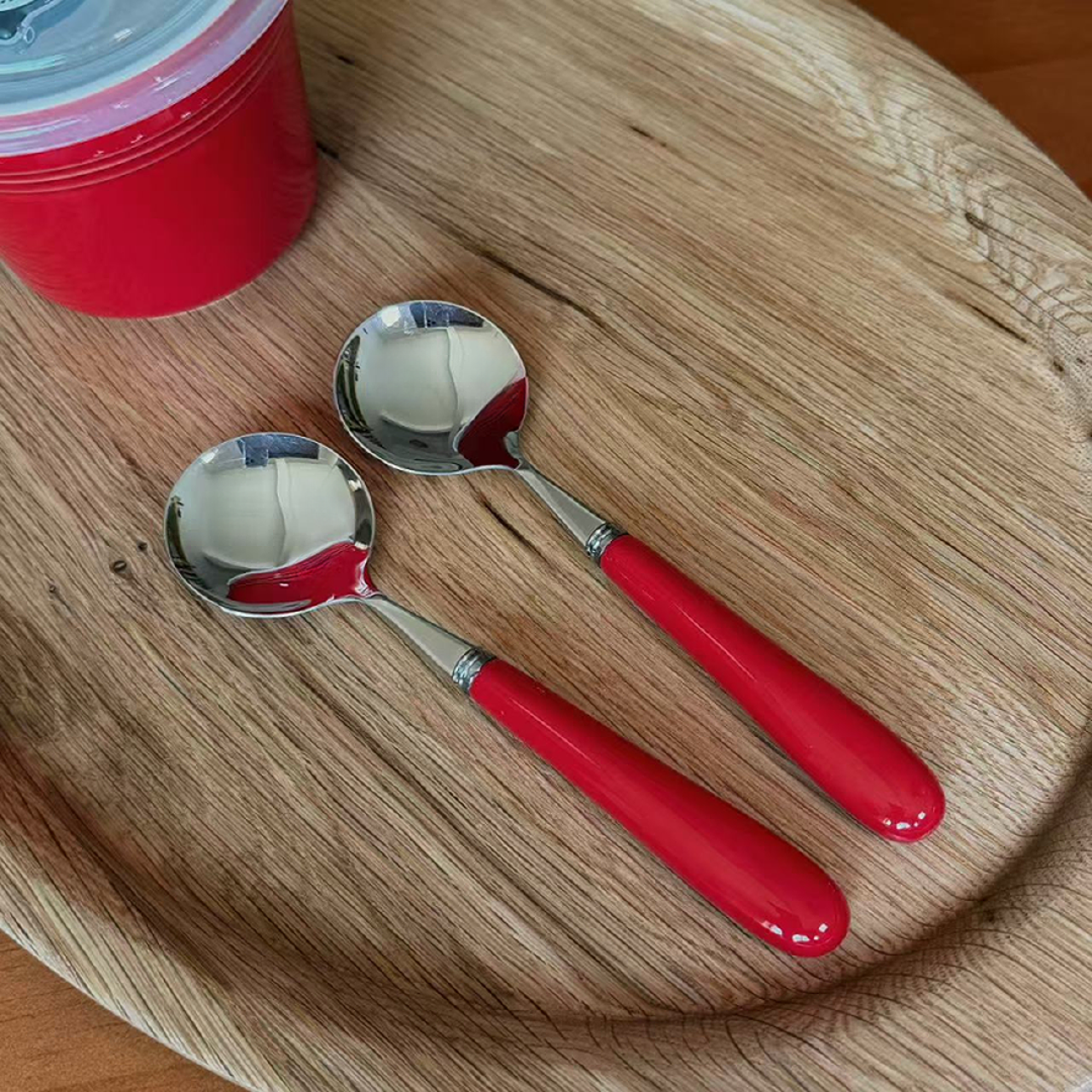 【KC家】16.5CM 中国红304不锈钢圆形甜品勺 汤勺 陶瓷手柄两个装