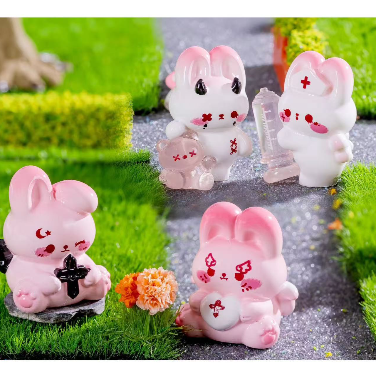 可爱动物卡通小兔子粉黑萌兔树脂桌面摆件