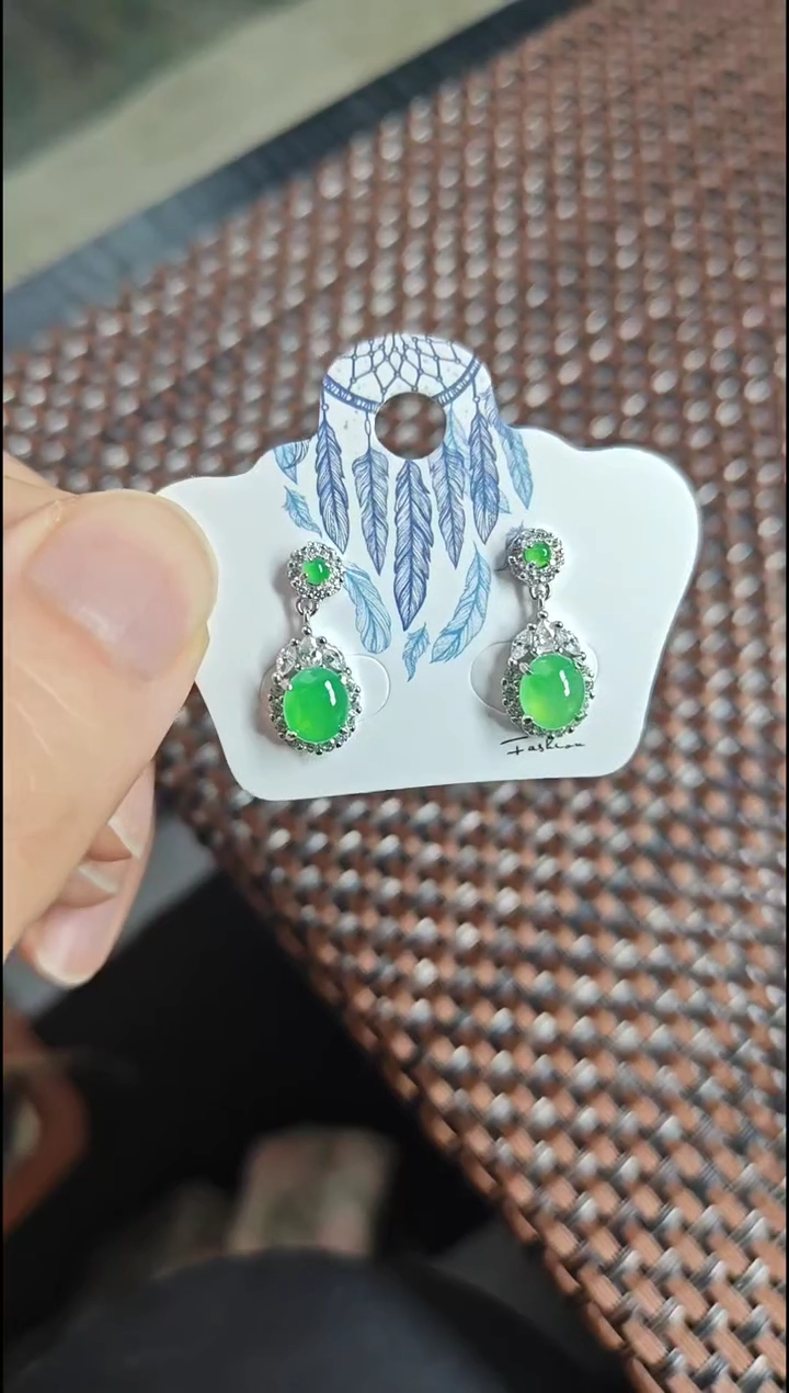 【闪购商品】翡翠耳饰银S925镶嵌翡翠耳饰S925银镶嵌