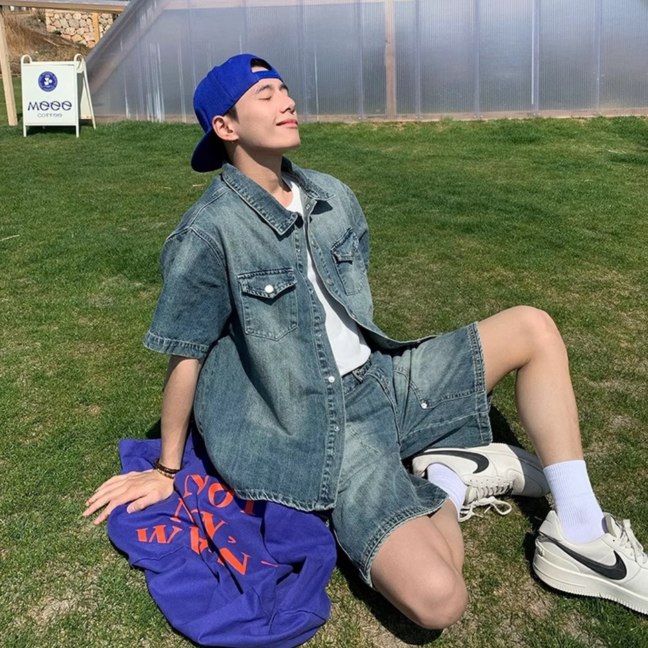 2025新款美式潮牌牛仔衬衫水洗休闲衬衣外套牛仔裤五分裤套装