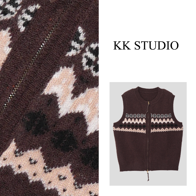 淇淇KK Studio秋冬新款复古百搭马甲圆领毛衣马9601