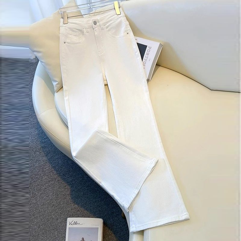 【微瑕】QH-A113 秋冬加绒微喇白色牛仔裤女高腰宽松显瘦休闲
