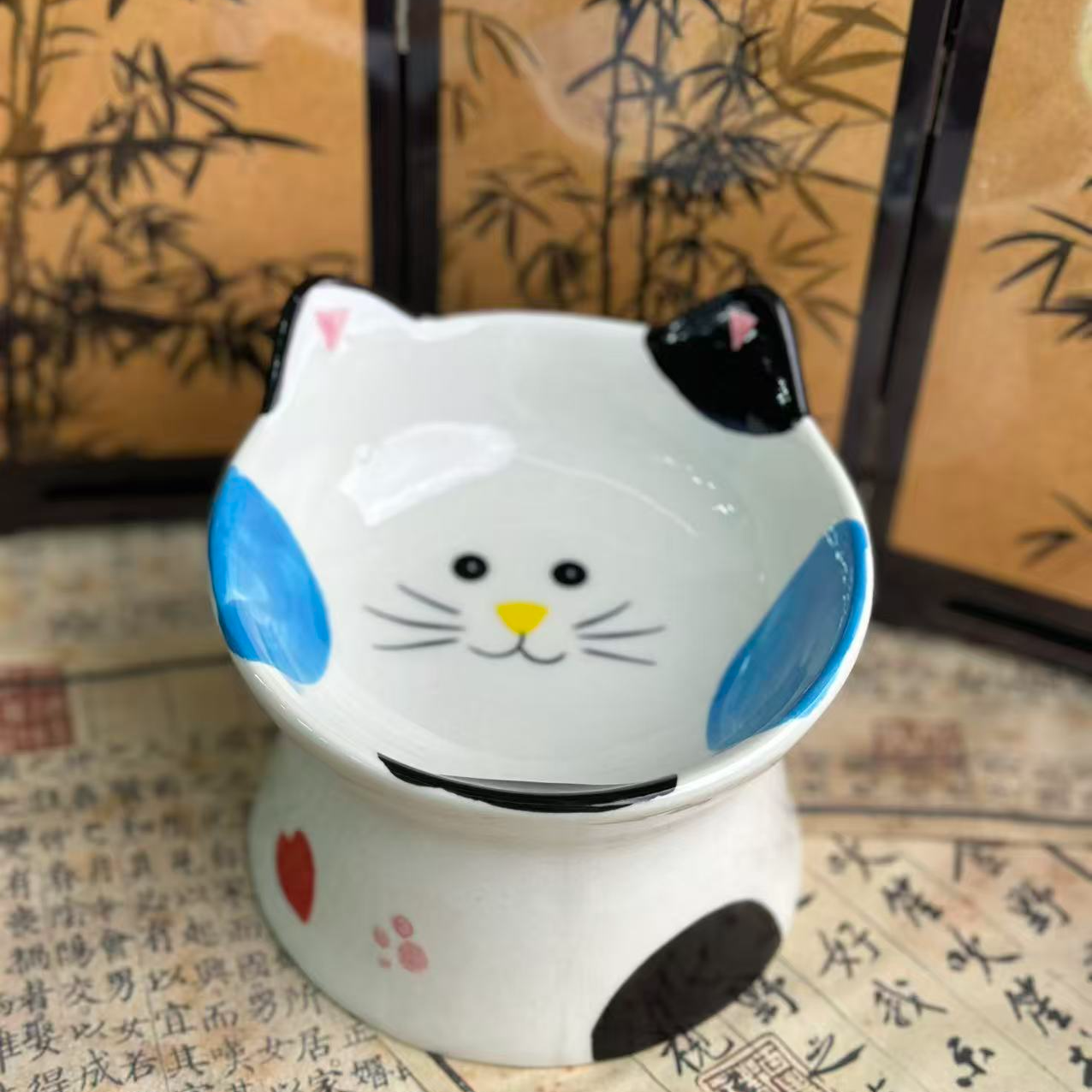 黑耳彩色小猫-斜口陶瓷宠物碗ZH1209
