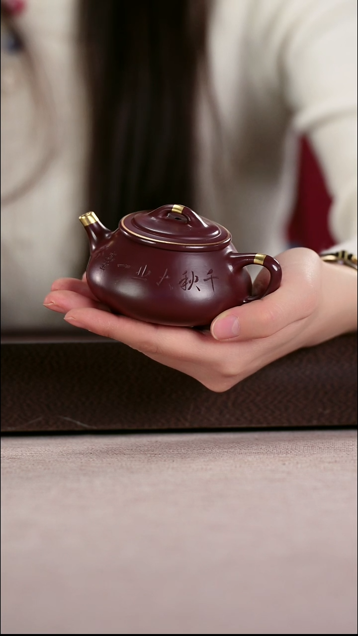 茶壶紫砂四号井茄皮紫泥描金刻绘三足逸瓢